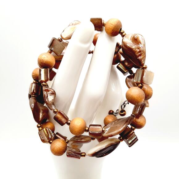 Vintage Shell Wooden Seed Bead Memory Wire Bracelet, Shades of Brown - Picture 8 of 9